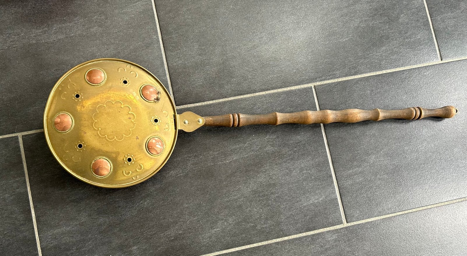 Authentieke koperen beddenverwarmer, houten steel, brocante, Antiek en Kunst, Ophalen, Koper