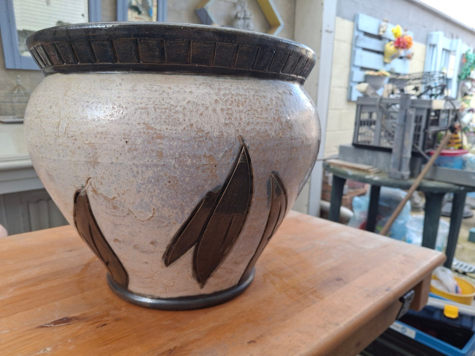 superbe grand cache-pot (ou vasque) en grès céramique BELGE, 25 à 40 cm, Comme neuf, Enlèvement, Intérieur