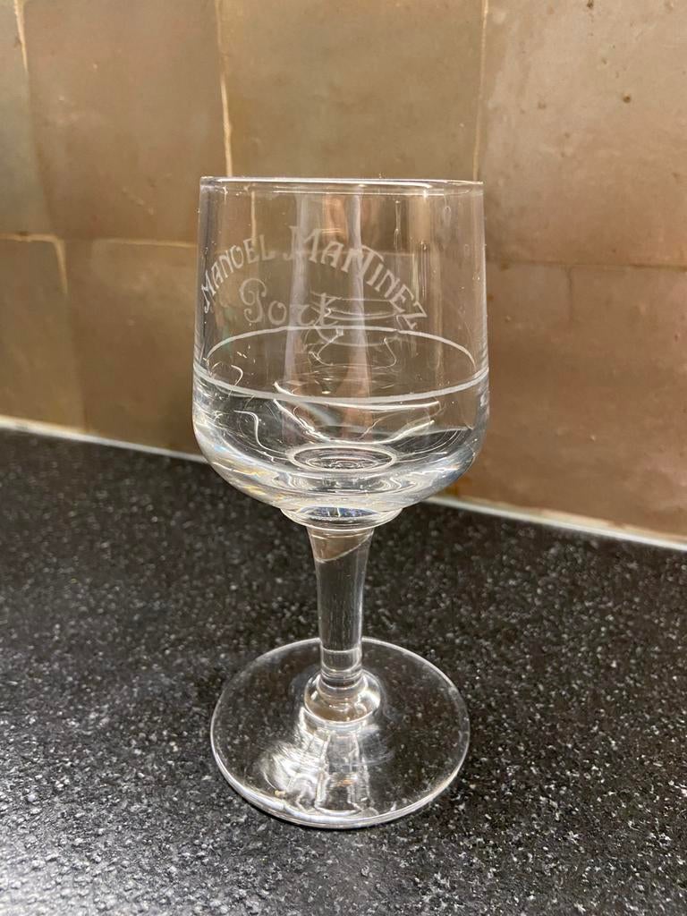 Manoel Martinez antiek porto glas, geëtste opdruk, Ophalen of Verzenden