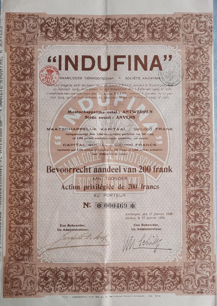INDUFINA - Antwerpen - bevoorrecht aandeel - 1924, Postzegels en Munten, Ophalen of Verzenden, 1920 tot 1950, Aandeel