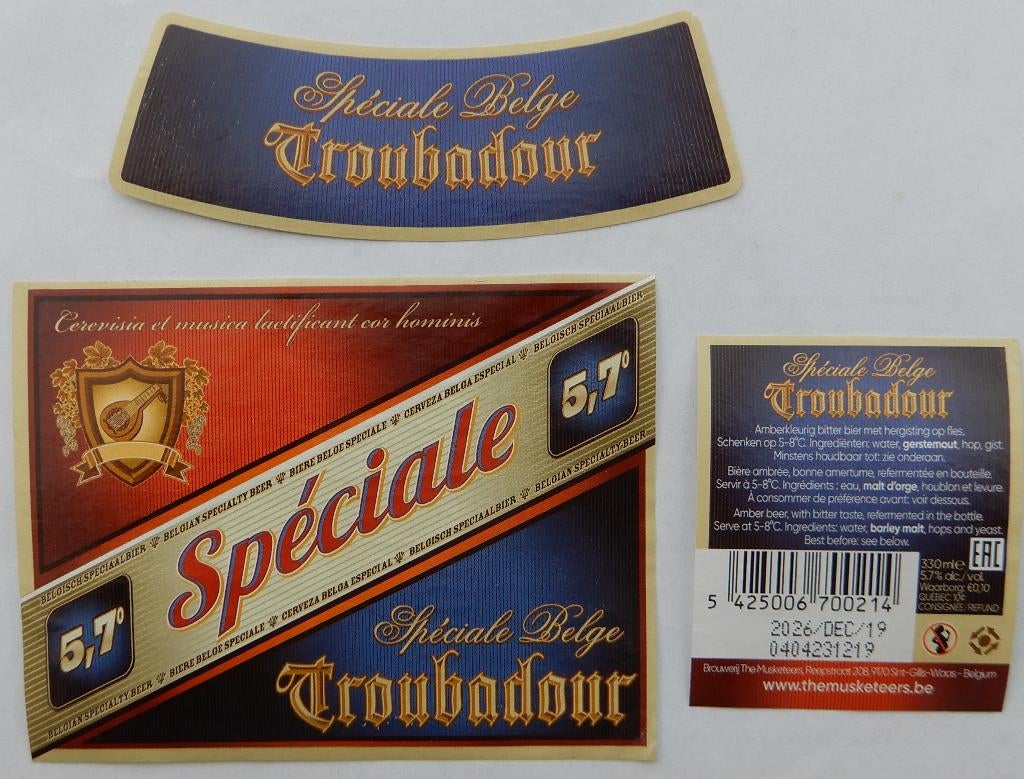 Bieretiket Troubadour Spéciale Belge Br. The Musketeers 11z8, Verzamelen, Verzenden, Gebruikt