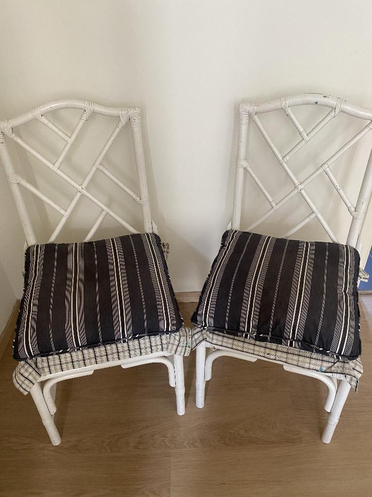 Brocante rieten stoelen met kussens – set van 2, Maison & Meubles, Chaises, Osier ou Rotin, Deux, Enlèvement, Utilisé