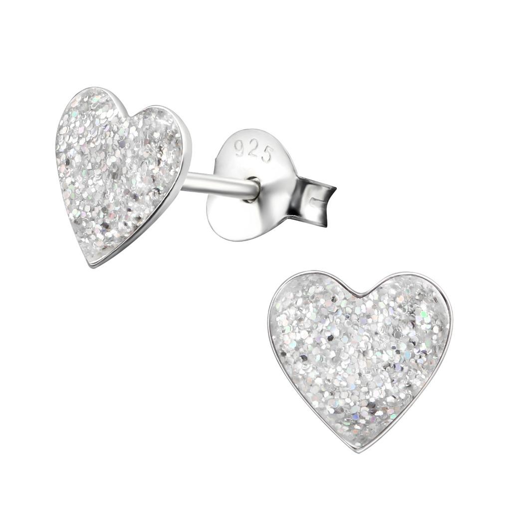 Witte glitter hart 925 sterling zilveren kinderoorbellen, Ophalen of Verzenden, Nieuw, Oorbellen