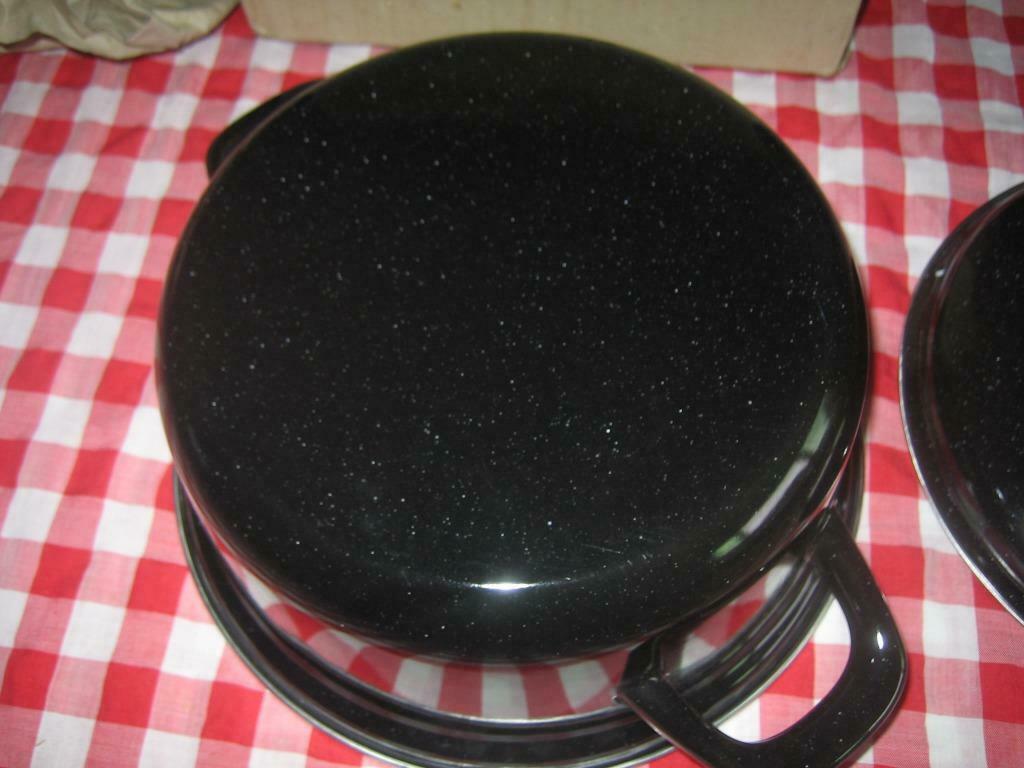 Vintage kookpot, laag model, in zwarte émail, Antiek en Kunst, Ophalen