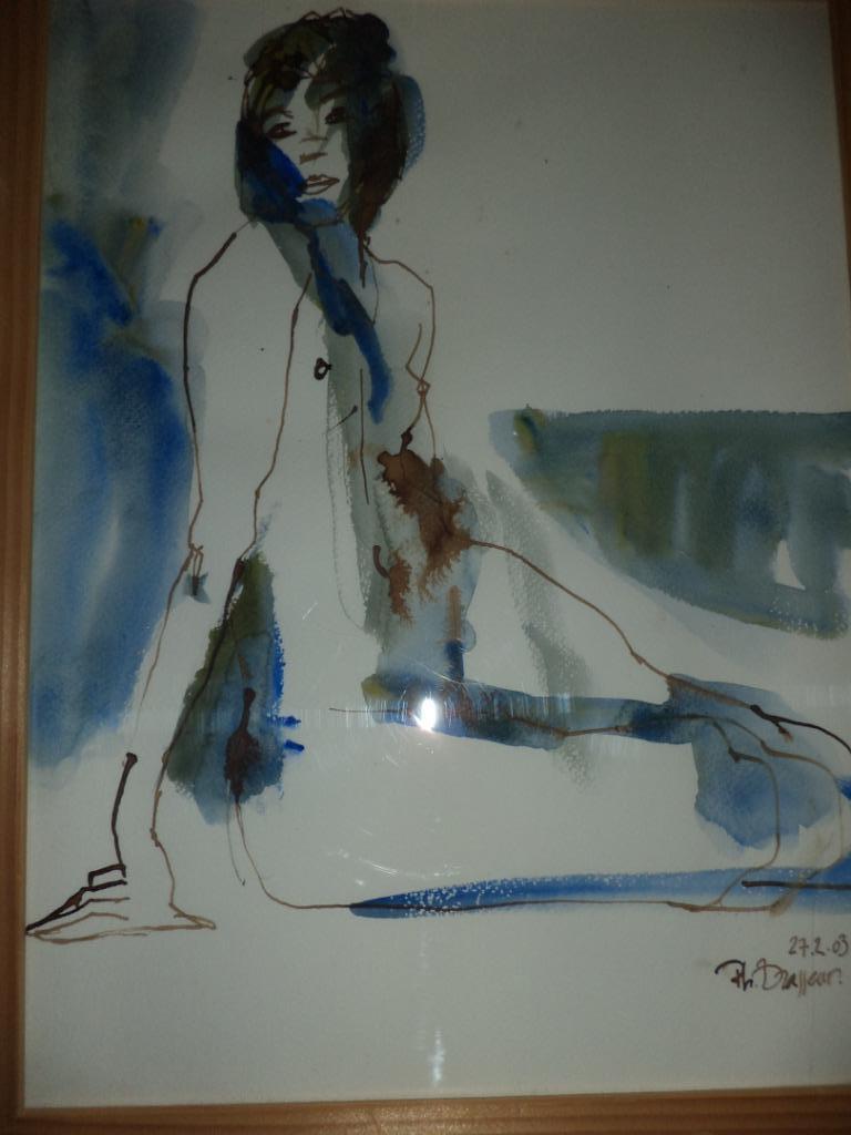 2003 Ph. Brasseur gouache aquarelle zittende naakte vrouw, Antiek en Kunst, Ophalen of Verzenden