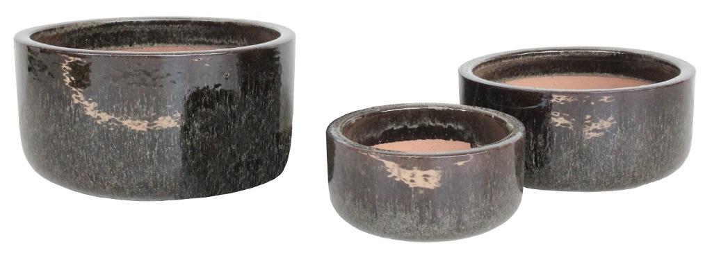 TUINPOTTEN BOWL GEGLAZUURD BROWN 3 DLG SET NIEUW, Tuin en Terras, Ophalen, Steen, Minder dan 30 cm, Rond