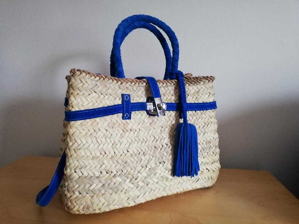 Tas gevlochten palmbladeren blauw suède, Ophalen, Zo goed als nieuw, Blauw, Handtas