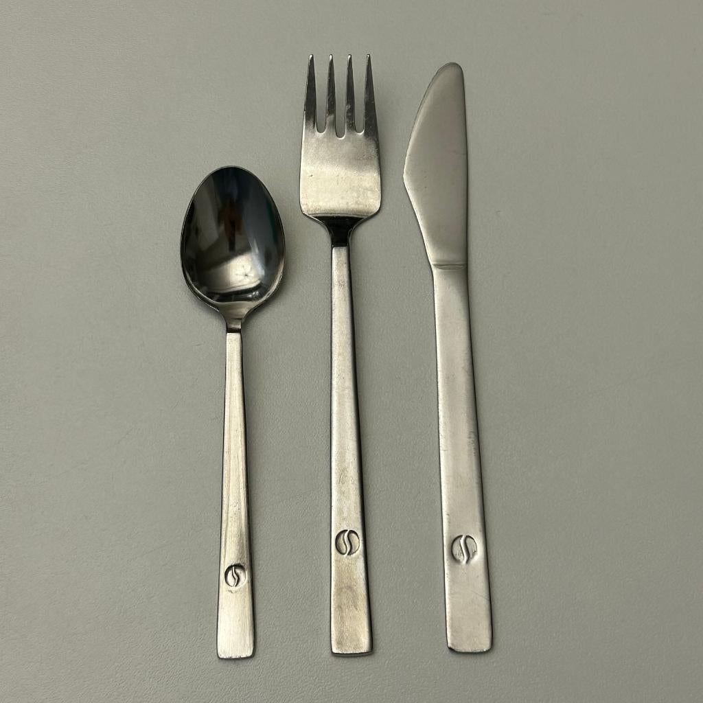 Sabena bestek 1990s Set koffielepel vork mes, Ophalen of Verzenden, Zo goed als nieuw, Bestekset, Inox of Chroom