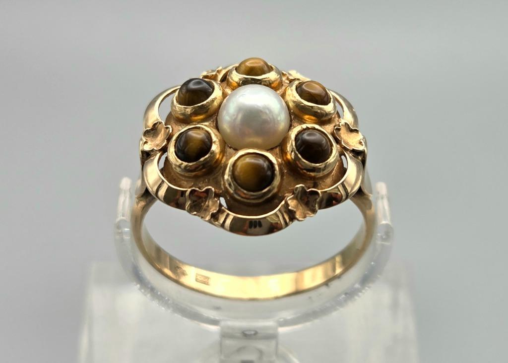 Bague ancienne en or, pierre précieuse, œil de tigre et perl, Enlèvement ou Envoi, Or, Bague, Avec pierre précieuse