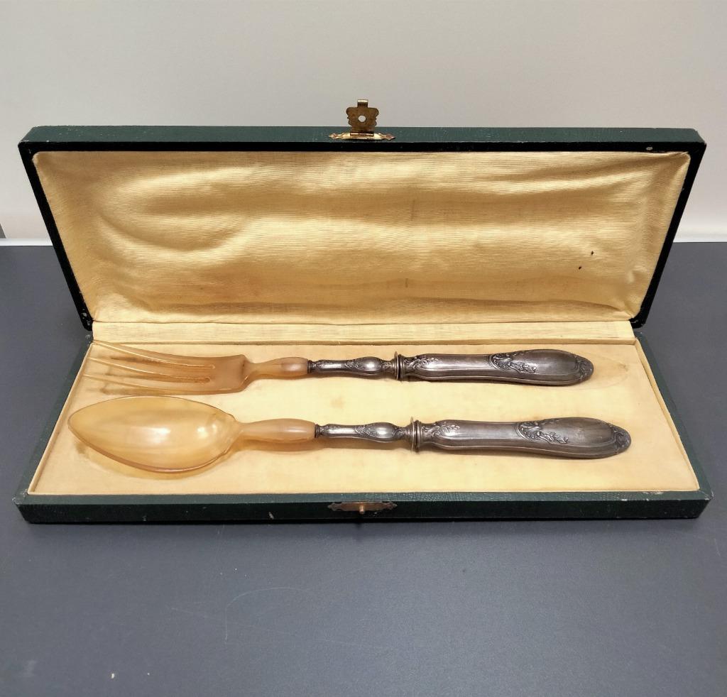 Vintage saladeservers van zilver en hoorn, Ophalen of Verzenden
