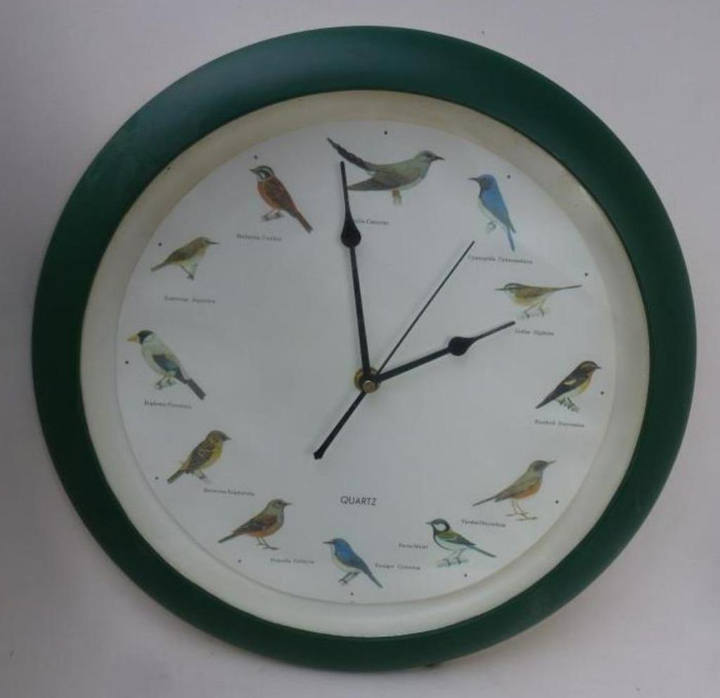 wandklok vogels Quartz diameter 34 cm groene rand, Ophalen of Verzenden, Gebruikt, Wandklok
