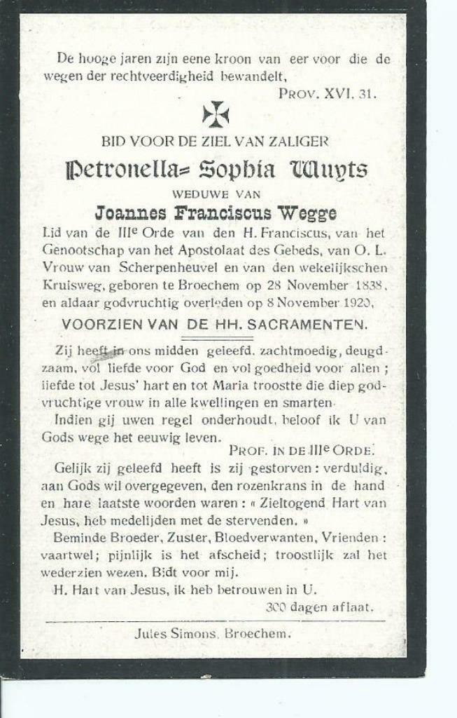 RP Petronella Sophia Wuyts 1838-1920, Verzenden, Rouwkaart
