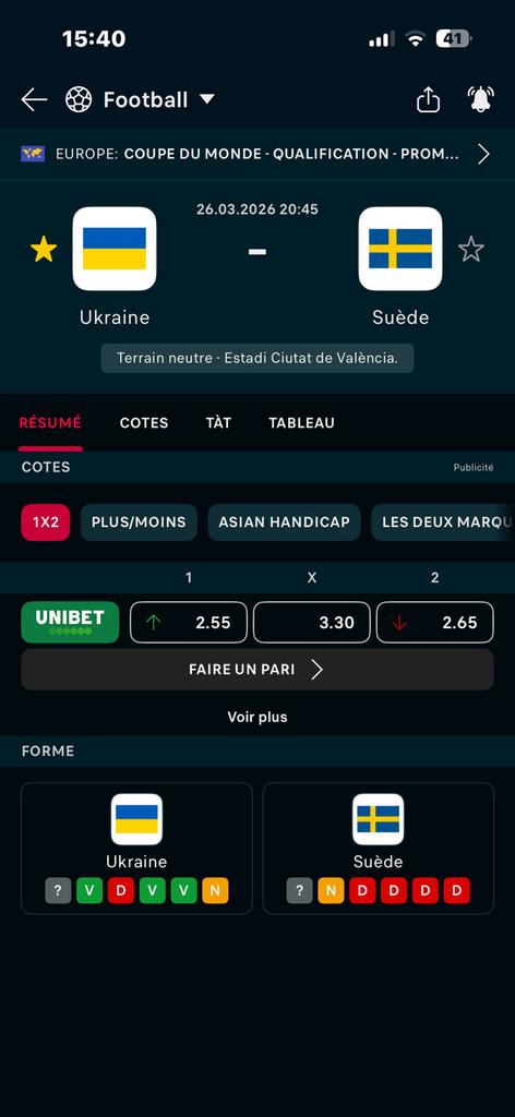 Billet a vendre Ukraine vs Suede, Tickets & Billets, Autres types, Deux personnes, Mars