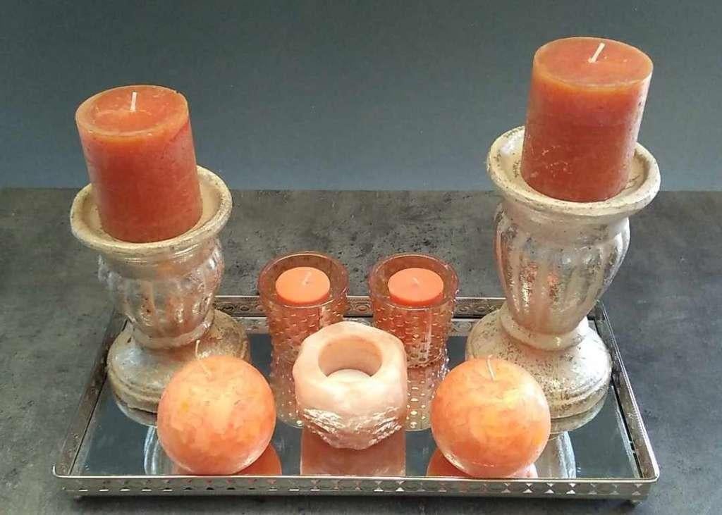 decoratie oranje met kaarsen op spiegel, Huis en Inrichting, Ophalen of Verzenden