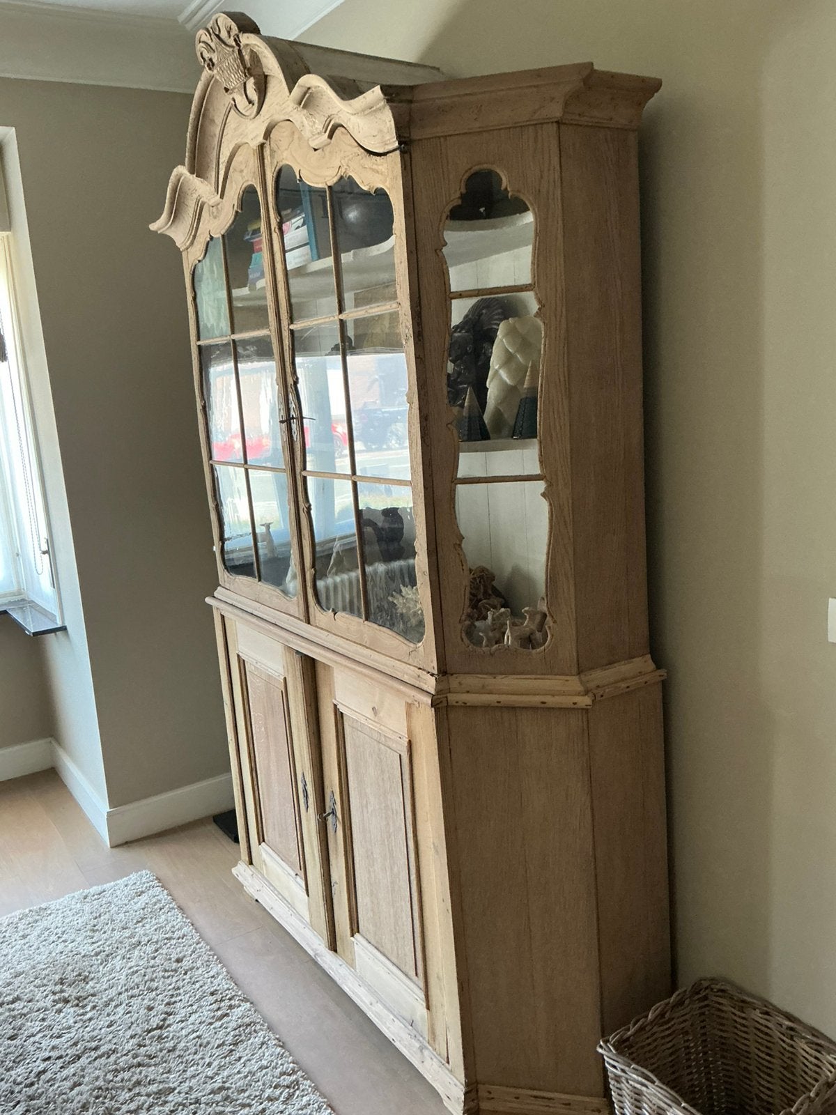 Antieken vitrine kast, Huis en Inrichting, Gebruikt, 150 tot 200 cm, Eikenhout, 150 tot 200 cm