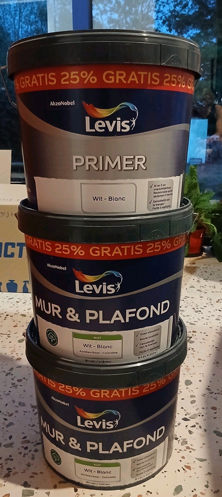 Levis 1 x 10l primer wit + 2 x 10l muur en plafondverf wit, Ophalen, Wit, Nieuw, Verf