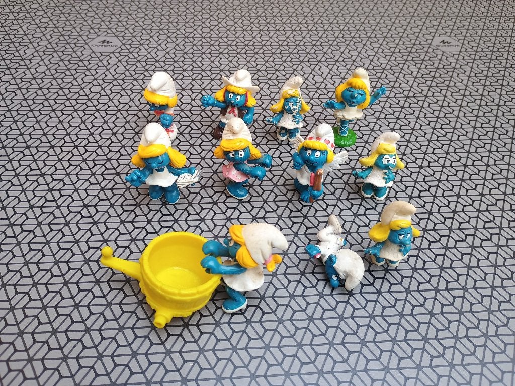 12 Schtroumpfetttes usés, Collections, Schtroumpfs, Enlèvement ou Envoi, Utilisé, Schtroumpfette, Ustensile