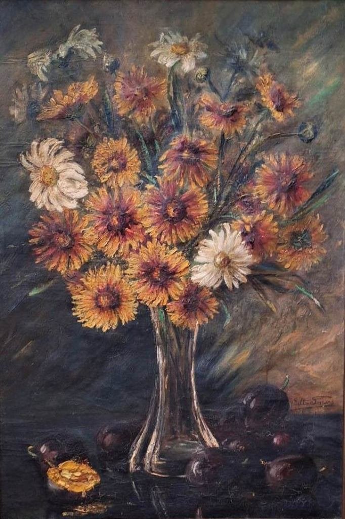 Stilleven Margrieten van Tilla Simons, Antiek en Kunst, Ophalen, Doek, Stilleven, Gesigneerd