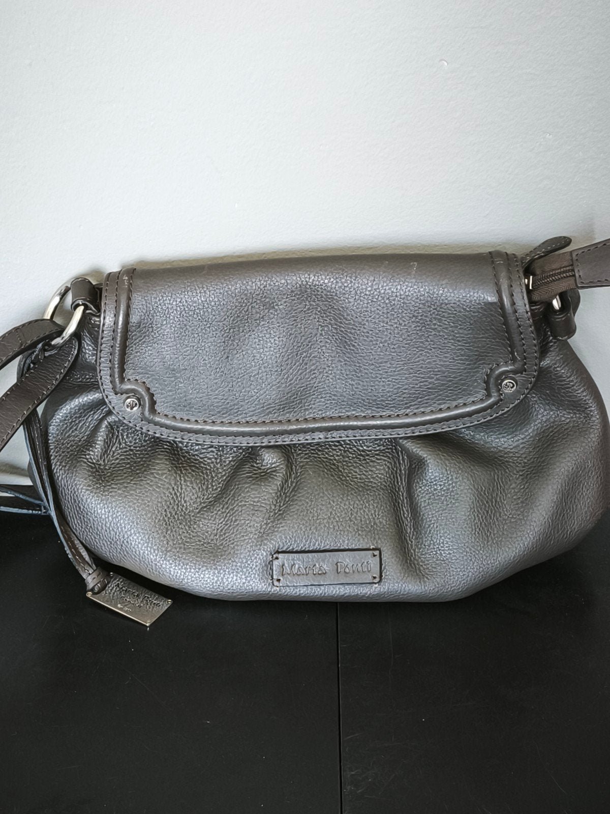 Sac bandoulière en cuir véritable - Marta Ponti, Autres marques, Enlèvement ou Envoi, Comme neuf, Gris