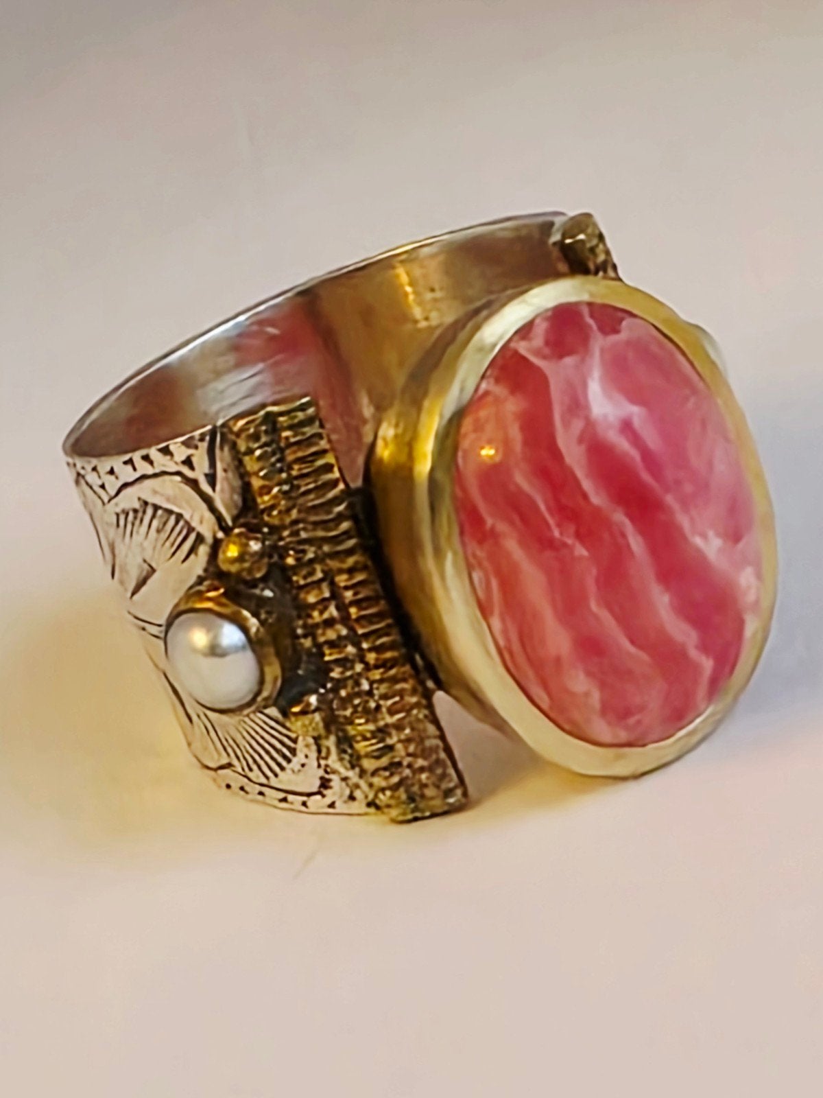 Exclusieve zilver/goud ring met rhodochrosiet, Canyon, VS, Ophalen of Verzenden, Goud, Goud