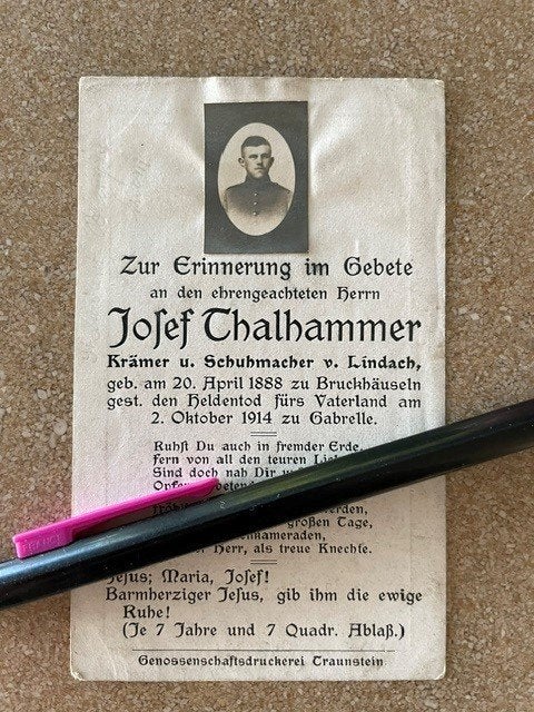 Duits soldaat Thalhammer gesneuveld Eerste Slag a/d Marne, Verzamelen, Ophalen of Verzenden, Bidprentje