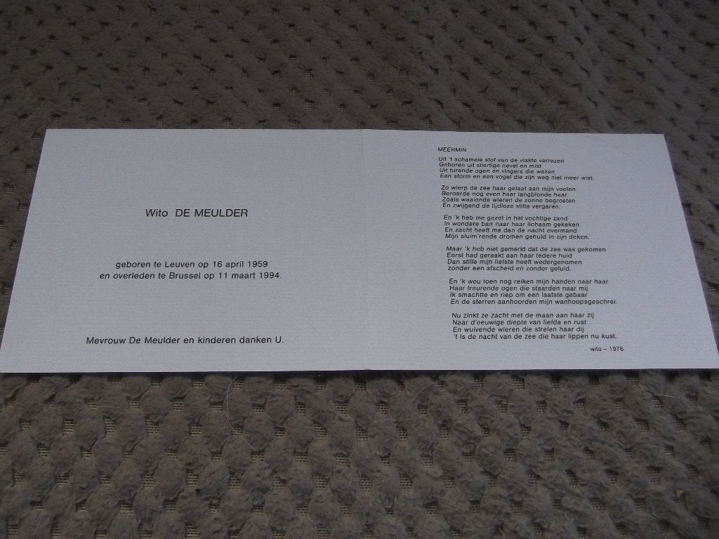 bidprentje Wito De Meulder (Belgische ultra-triatleet ), Verzamelen, Bidprentjes en Rouwkaarten, Ophalen of Verzenden, Bidprentje