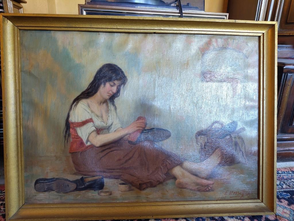 Peinture à l'huile ancienne signée E. Messeyne (1916) — moi, Enlèvement