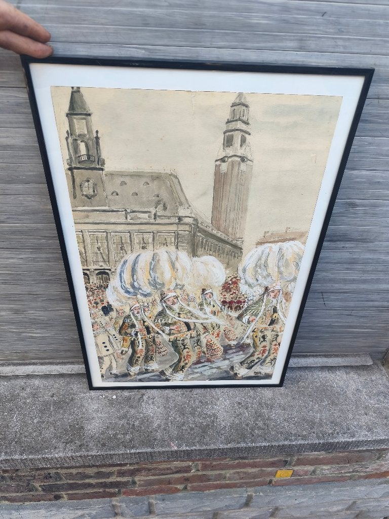 Aquarelle gilles signe Fernand Verhaegen, Antiek en Kunst, Kunst | Schilderijen | Klassiek, Ophalen of Verzenden, Aquarel