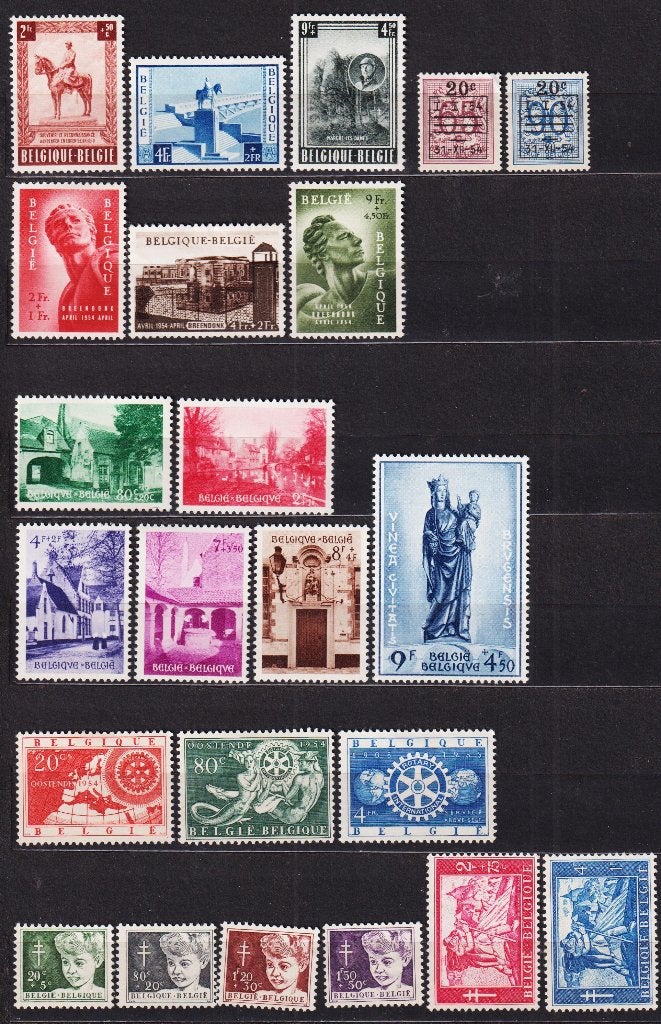 Belgique 1954 année complète, Envoi, Non oblitéré, Trace d'autocollant