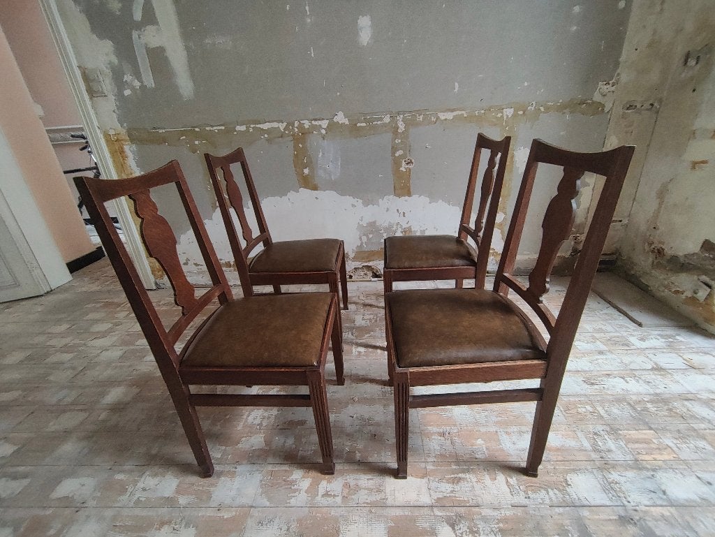 4 vintage Art Deco stoelen - Bruin skai & eikenhout, Ophalen