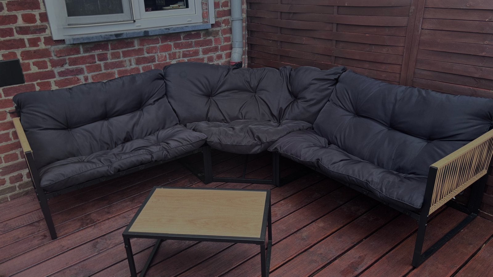 Tuinmeubilair, 6-zits hoeksalon en salontafel, Tuin en Terras, Ophalen, Overige materialen, 6 zitplaatsen, Bijzettafel
