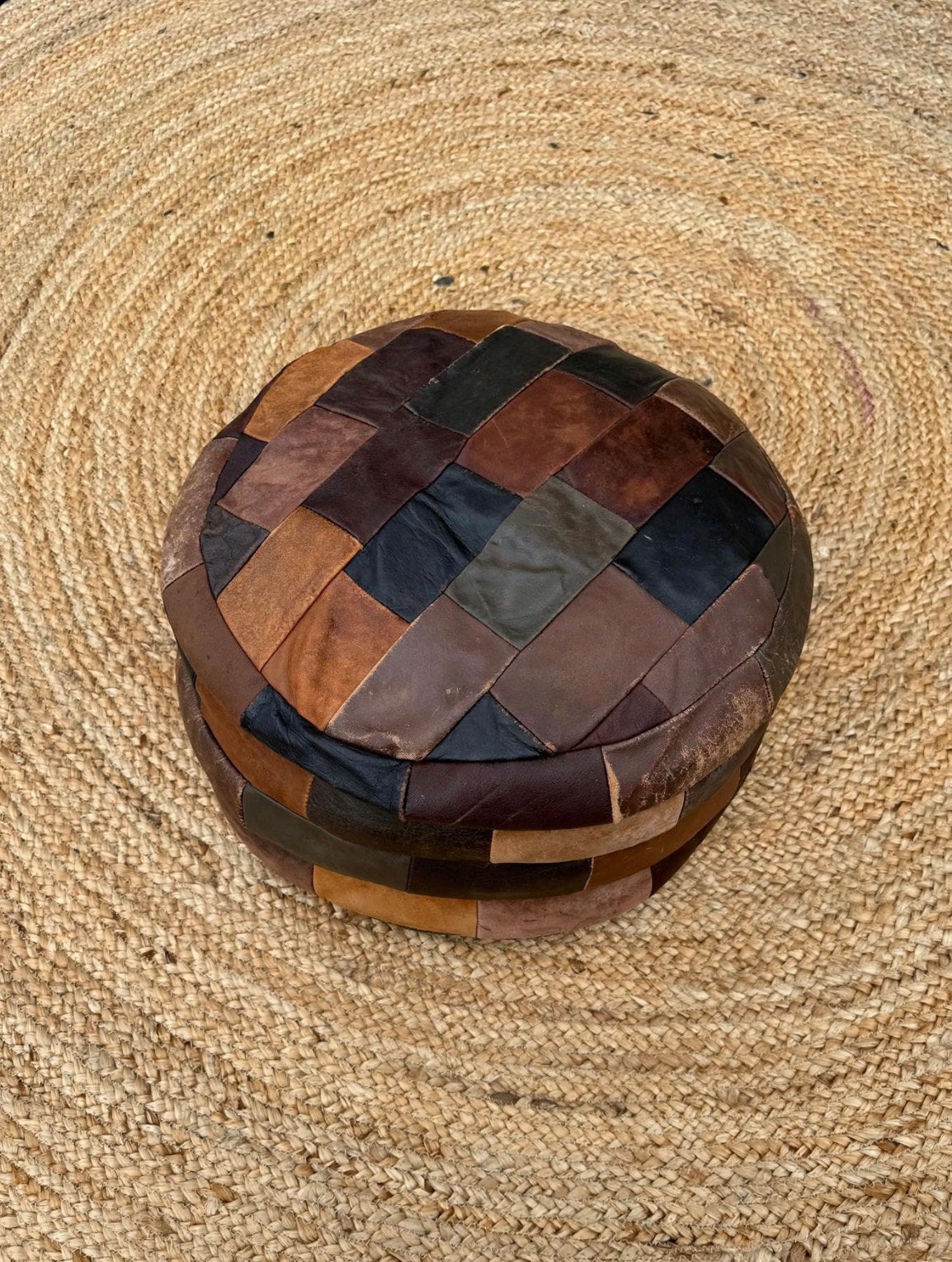 Vintage Patchwork Leren Poef - jaren 70, Boho, Rond, Enlèvement, Utilisé