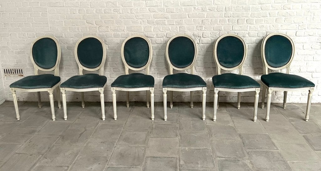 6 Medaillon stoelen, Huis en Inrichting, Stoelen, Ophalen, Hout, Gebruikt, Blauw