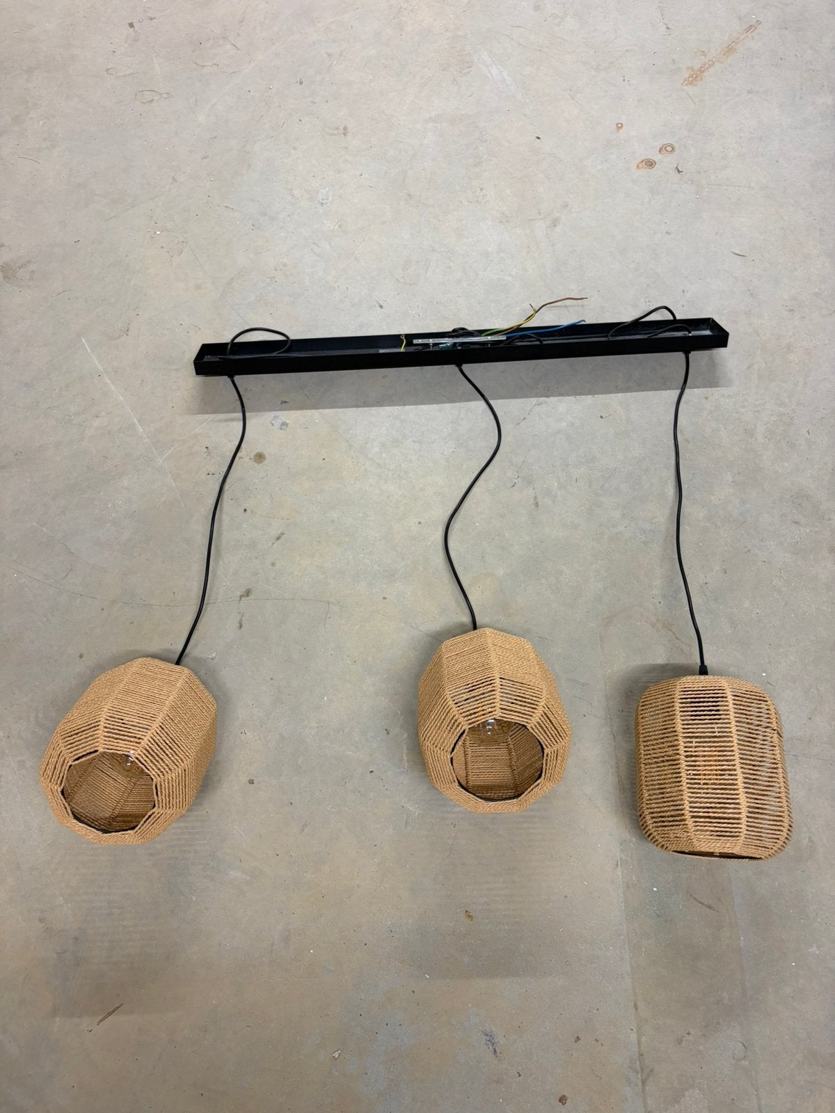Hanglamp Bragi 3-lichts – rotan/touw – zwart – E27, Ophalen of Verzenden, Zo goed als nieuw