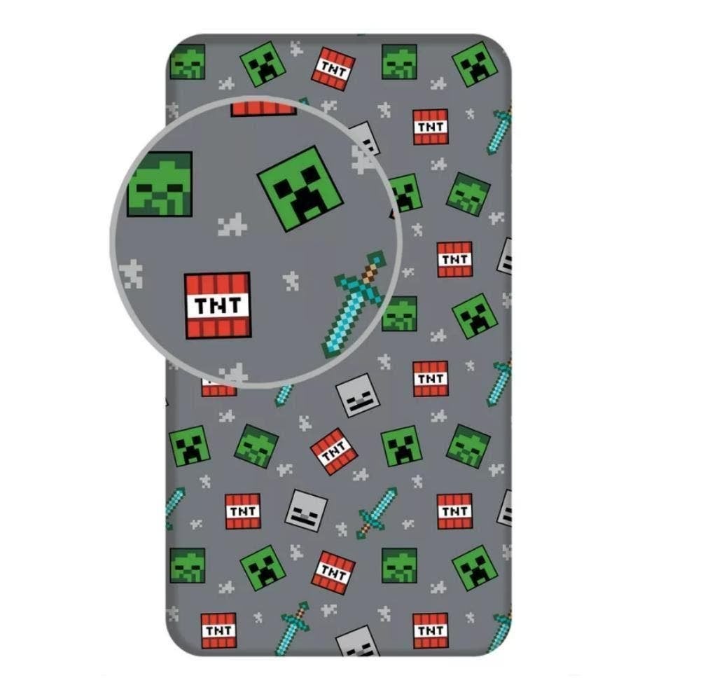 Minecraft Hoeslaken 90x200 cm - Grijs - Katoen, Enfants & Bébés, Chambre d'enfant | Linge de lit, Neuf, Gris, Enlèvement ou Envoi