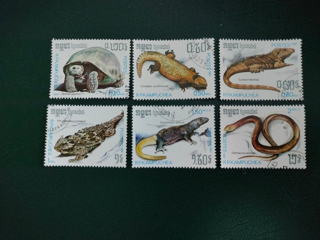 Cambodge 1987 - reptiles, Scheltopusik, lézard, tortue, Envoi, Affranchi, Asie du Sud Est