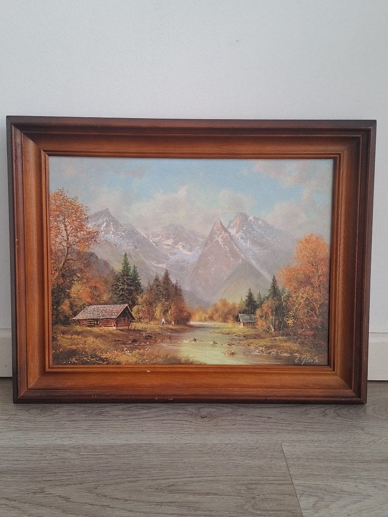 Schilderij berglandschap met hutten en rivier, Antiquités & Art, Art | Peinture | Classique, Enlèvement ou Envoi, Signé, Peinture à l'huile