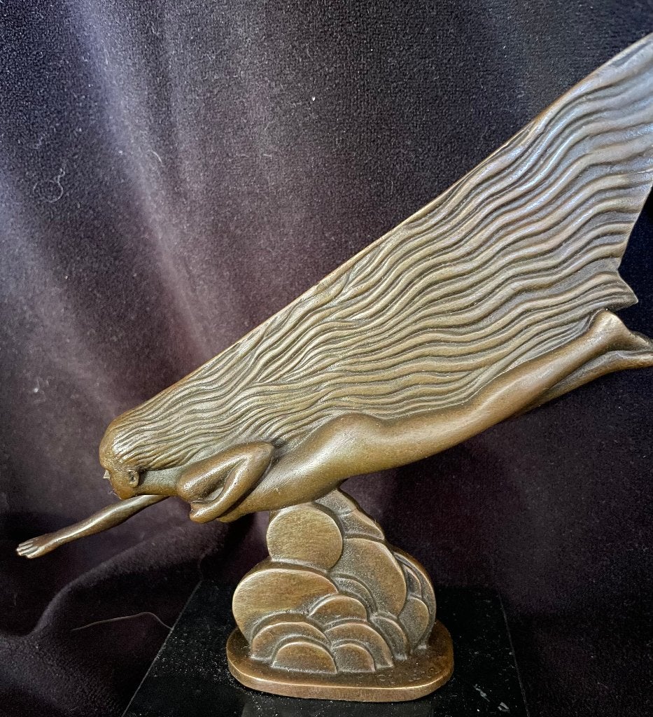 Bronzen naakte dame, automascotte?gesigneerd zuiver brons, Antiek en Kunst, Ophalen of Verzenden, Brons