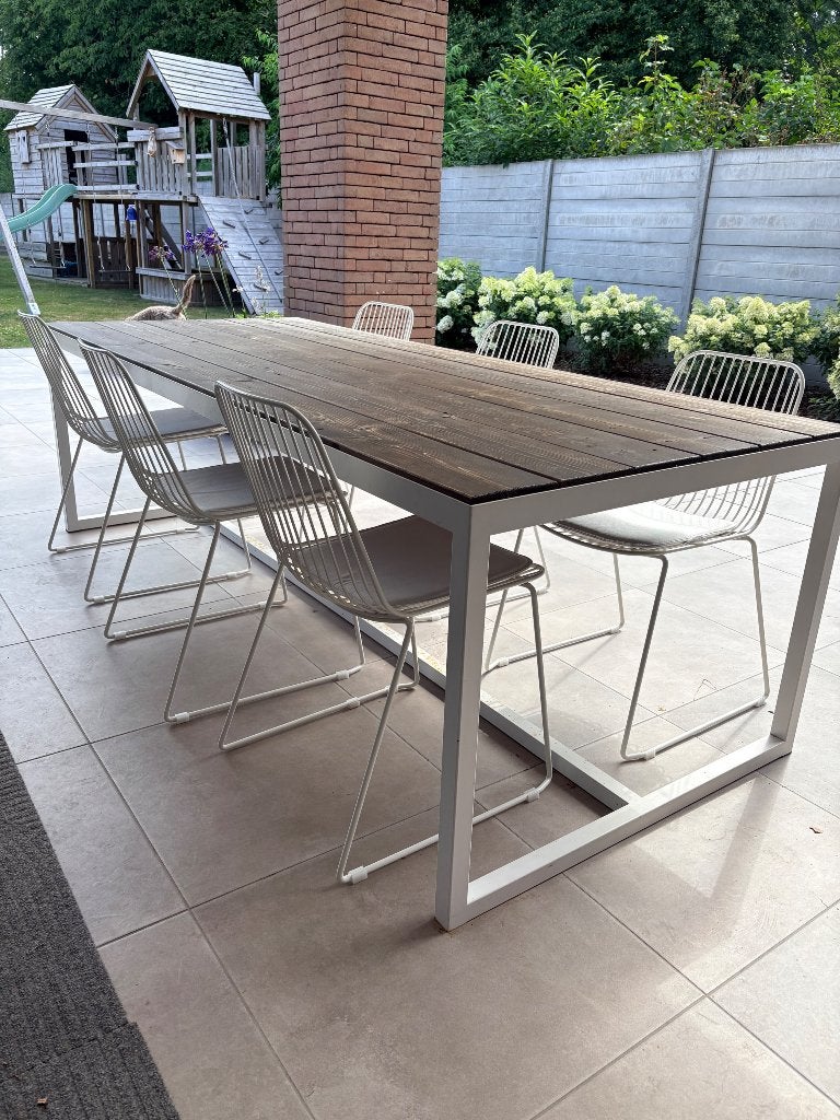 Tafel met steigerhout en 6 nieuwe stoelen, Tuin en Terras, Ophalen, 6 zitplaatsen, Steigerhout, Zo goed als nieuw