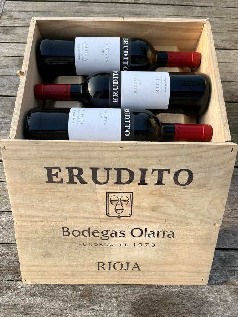 Kist van 6x Bodegas Olarra Erudito Rioja Reserva uit 2016, Ophalen of Verzenden, Zo goed als nieuw, Rode wijn