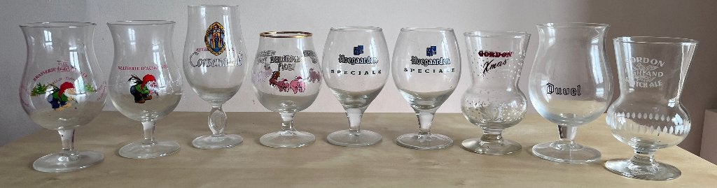 Lot 47 bierglazen + 9 kroezen/kelken (Duvel, Leffe, steen), Verzamelen, Ophalen, Gebruikt, Bierglas