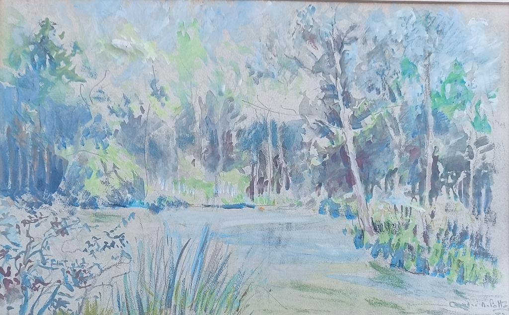 Delatte: Bosvijver 1982 (58 x 43 cm), Antiek en Kunst, Kunst | Schilderijen | Klassiek, Ophalen of Verzenden