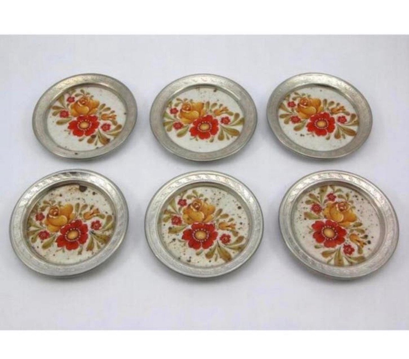 Six sous-verres vintage, porcelaine ancienne fleur bord haut, Enlèvement ou Envoi