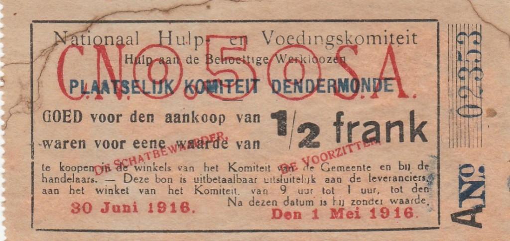 oorlog Bon Nationaal Hulp Dendermonde 1/2 frank 30.06.1916, Ophalen of Verzenden, Los biljet