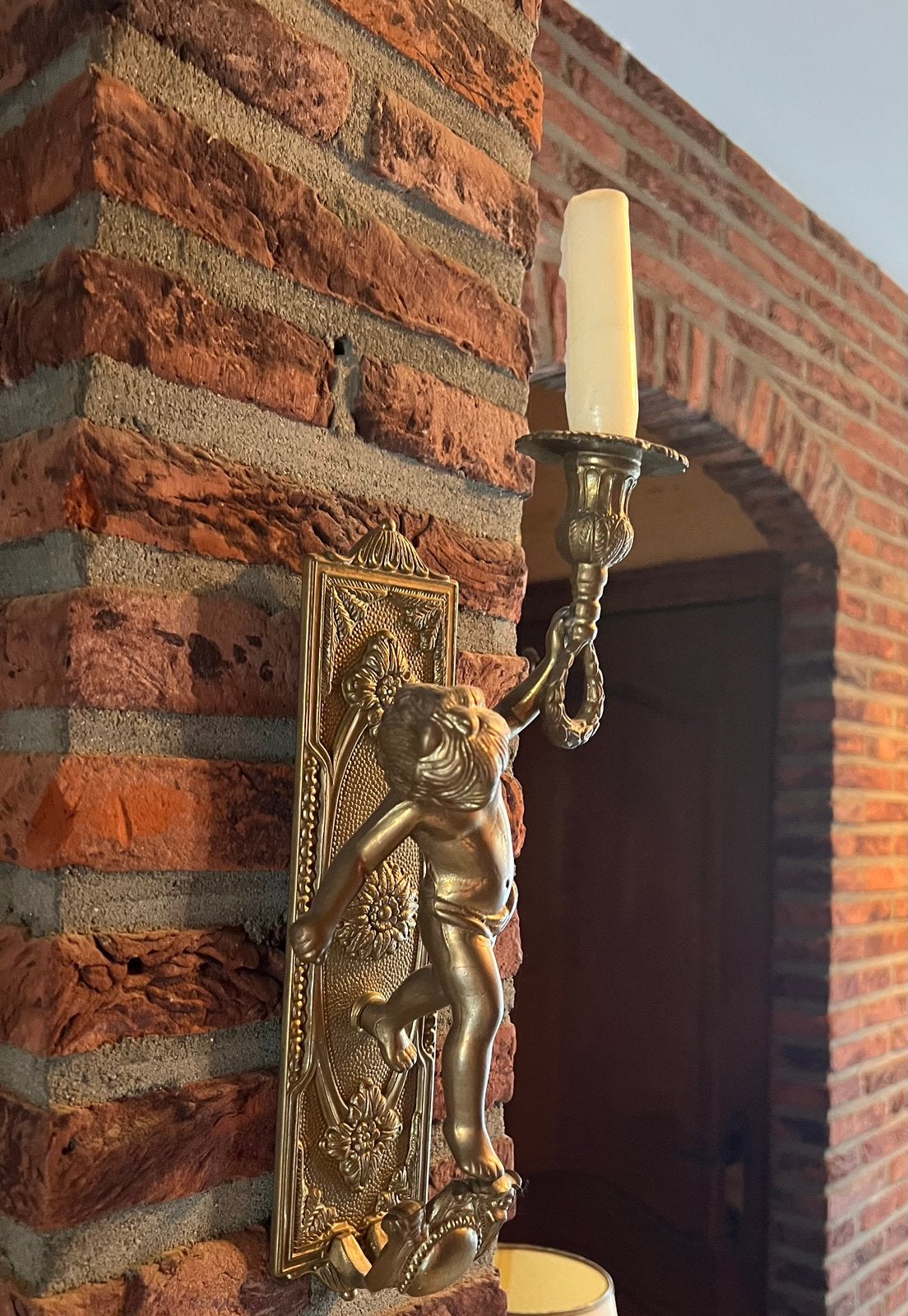 Vintage messing wandblaker met Putto / Engel – Barok, Maison & Meubles, Lampes | Appliques, Enlèvement, Utilisé