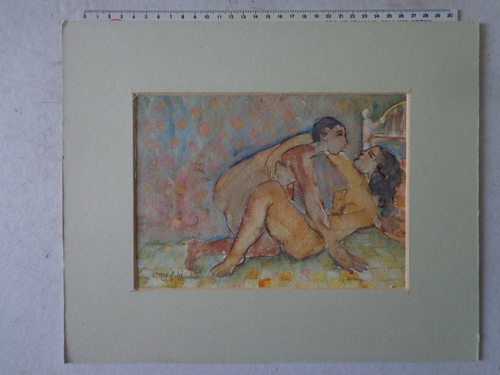 kleurrijke aquarel "Liefdesspel" van Omar Abdel Zaher 2007, Antiek en Kunst, Kunst | Schilderijen | Modern, Figuren, Aquarel, Papier/karton