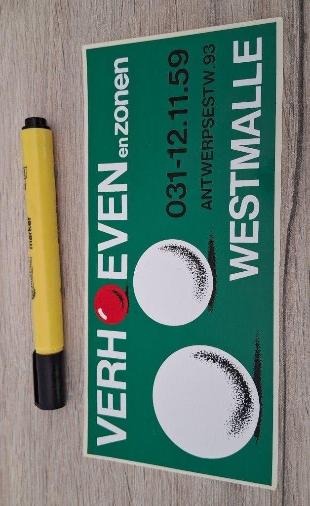 Grote vintage sticker: Verhoeven biljarts Westmalle, Ophalen of Verzenden, Zo goed als nieuw, Bedrijf of Vereniging