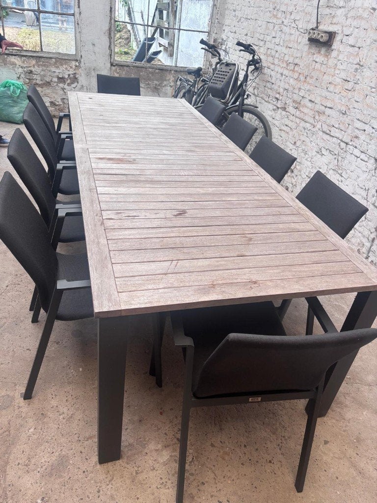 Grote tuinset - houten tafel met 10 stoelen, Tuin en Terras, Ophalen, Teakhout, Zo goed als nieuw, Rechthoekig