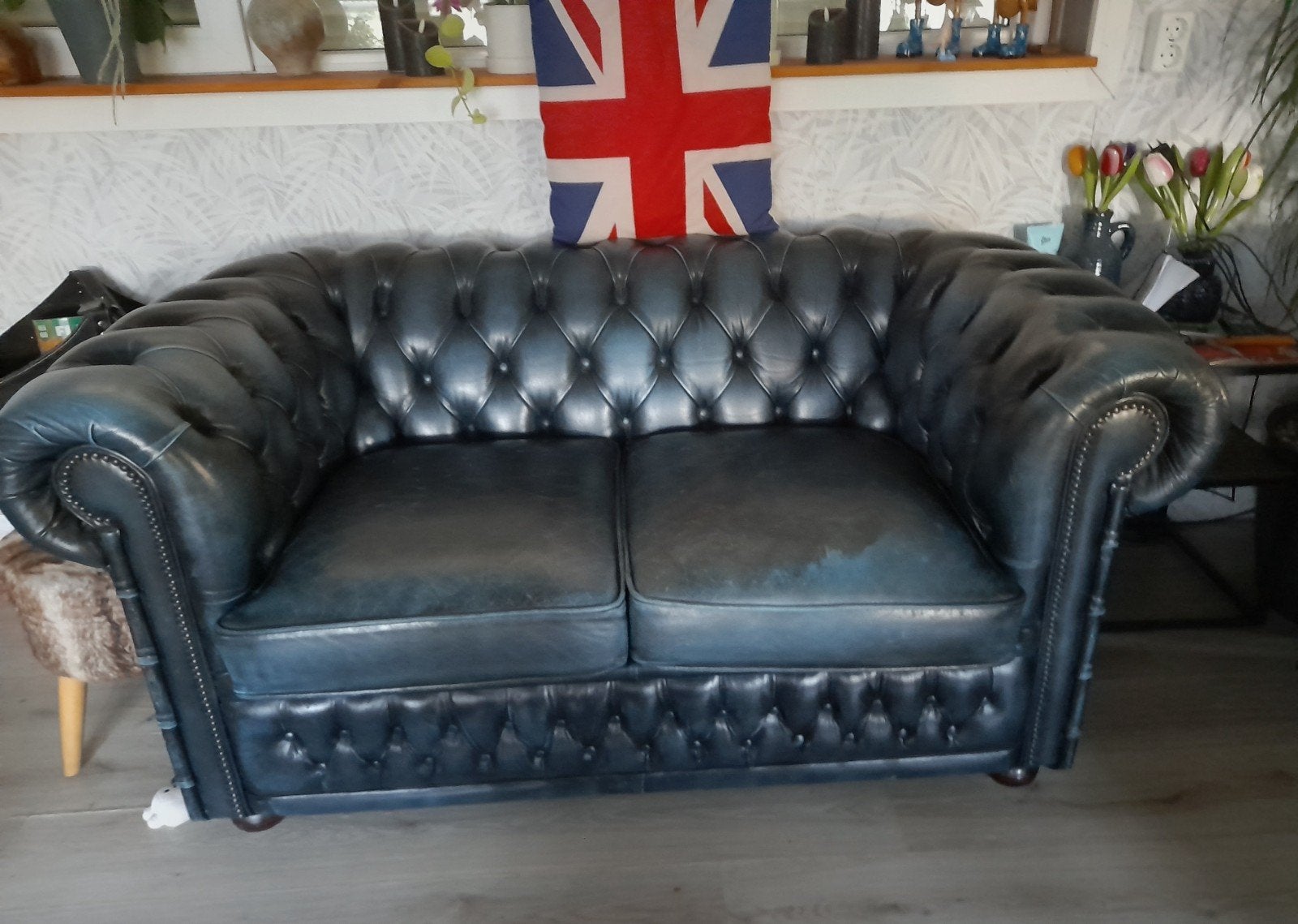 chesterfield bank 3 + 2 zits, Ophalen, Gebruikt, Overige maten, Leer