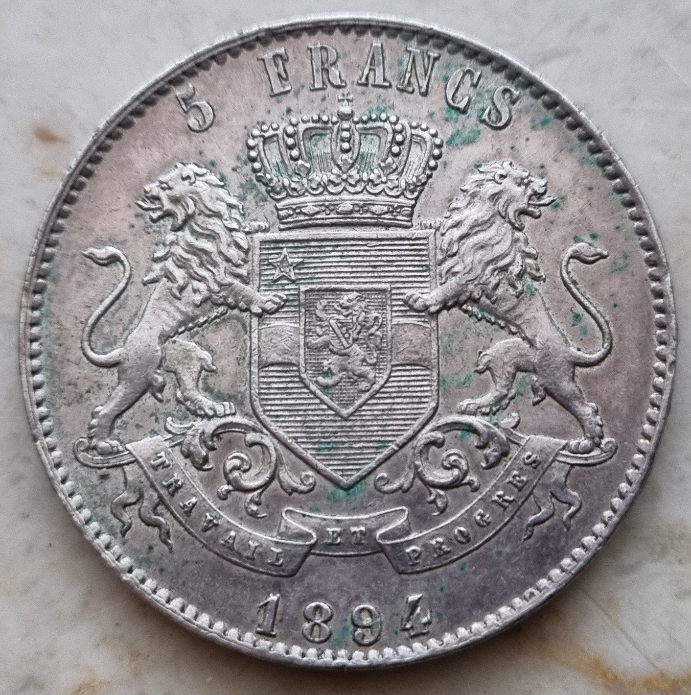 5 Francs 1894 (Belgisch Congo) Leopold I / Zeer zeldzaam !!, Enlèvement ou Envoi, Monnaie en vrac, Argent, Argent